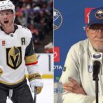 A split image featuring Vegas Golden Knights forward Jack Eichel celebrating on the left, and Buffalo Sabres head coach Lindy Ruff at a press conference on the right.