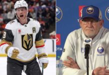 Latest NHL News & NHL Scores: Lindy Ruff Extension & WCF Game 1 A split image featuring Vegas Golden Knights forward Jack Eichel celebrating on the left, and Buffalo Sabres head coach Lindy Ruff at a press conference on the right.