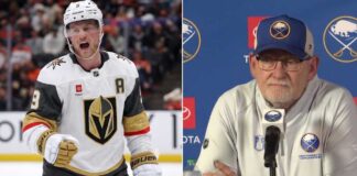Latest NHL News & NHL Scores: Lindy Ruff Extension & WCF Game 1 A split image featuring Vegas Golden Knights forward Jack Eichel celebrating on the left, and Buffalo Sabres head coach Lindy Ruff at a press conference on the right.