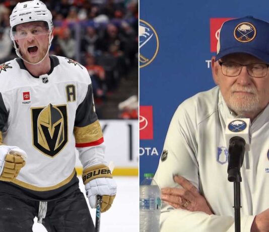 A split image featuring Vegas Golden Knights forward Jack Eichel celebrating on the left, and Buffalo Sabres head coach Lindy Ruff at a press conference on the right.