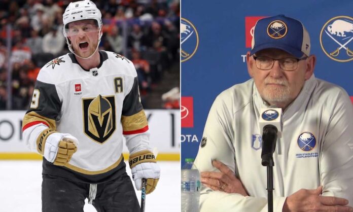 nhl-news-scores-may-21-2026 A split image featuring Vegas Golden Knights forward Jack Eichel celebrating on the left, and Buffalo Sabres head coach Lindy Ruff at a press conference on the right.