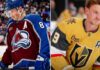 Latest NHL News & NHL Scores: Vegas Leads Series 2-0 A split-screen STAR MATCHUP analysis graphic comparing Cale Makar of the Colorado Avalanche (left) and Jack Eichel of the Vegas Golden Knights (right) in their NHL playoff jerseys.