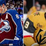 A split-screen STAR MATCHUP analysis graphic comparing Cale Makar of the Colorado Avalanche (left) and Jack Eichel of the Vegas Golden Knights (right) in their NHL playoff jerseys.