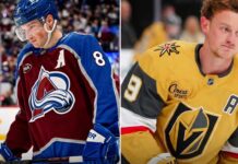 Latest NHL News & NHL Scores: Vegas Leads Series 2-0 A split-screen STAR MATCHUP analysis graphic comparing Cale Makar of the Colorado Avalanche (left) and Jack Eichel of the Vegas Golden Knights (right) in their NHL playoff jerseys.