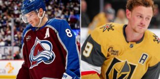 Latest NHL News & NHL Scores: Vegas Leads Series 2-0 A split-screen STAR MATCHUP analysis graphic comparing Cale Makar of the Colorado Avalanche (left) and Jack Eichel of the Vegas Golden Knights (right) in their NHL playoff jerseys.