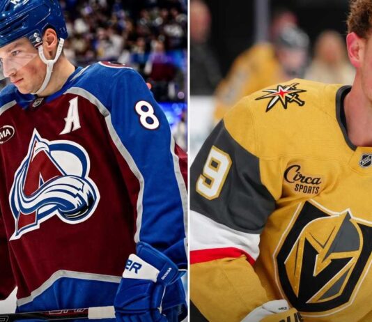A split-screen STAR MATCHUP analysis graphic comparing Cale Makar of the Colorado Avalanche (left) and Jack Eichel of the Vegas Golden Knights (right) in their NHL playoff jerseys.