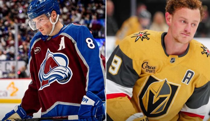 nhl-news-scores-may-23-2026 A split-screen STAR MATCHUP analysis graphic comparing Cale Makar of the Colorado Avalanche (left) and Jack Eichel of the Vegas Golden Knights (right) in their NHL playoff jerseys.