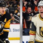 NHL Scores & News: Vegas Sweeps Colorado in Western Conference Final A split-screen composite photo featuring Pittsburgh Penguins center Evgeni Malkin leaning on his stick in a black jersey (left) and Toronto Maple Leafs forward Mitch Marner celebrating intensely in a white jersey (right) during NHL action.