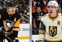 NHL Scores & News: Vegas Sweeps Colorado in Western Conference Final A split-screen composite photo featuring Pittsburgh Penguins center Evgeni Malkin leaning on his stick in a black jersey (left) and Toronto Maple Leafs forward Mitch Marner celebrating intensely in a white jersey (right) during NHL action.