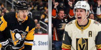 A split-screen composite photo featuring Pittsburgh Penguins center Evgeni Malkin leaning on his stick in a black jersey (left) and Toronto Maple Leafs forward Mitch Marner celebrating intensely in a white jersey (right) during NHL action.