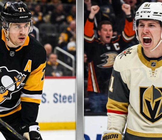 NHL Scores & News: Vegas Sweeps Colorado in Western Conference Final A split-screen composite photo featuring Pittsburgh Penguins center Evgeni Malkin leaning on his stick in a black jersey (left) and Toronto Maple Leafs forward Mitch Marner celebrating intensely in a white jersey (right) during NHL action.