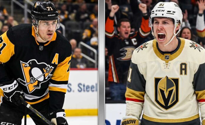 nhl-news-scores-vegas-sweeps-avalanche-malkin-resigns A split-screen composite photo featuring Pittsburgh Penguins center Evgeni Malkin leaning on his stick in a black jersey (left) and Toronto Maple Leafs forward Mitch Marner celebrating intensely in a white jersey (right) during NHL action.