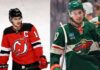 NHL Blockbuster Rumor: Will the New Jersey Devils Trade Nico Hischier for Quinn Hughes? A side-by-side split image featuring New Jersey Devils center Nico Hischier (left) and Minnesota Wild defenseman Quinn Hughes (right), illustrating the rumored blockbuster NHL trade involving both franchise players.