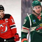NHL Blockbuster Rumor: Will the New Jersey Devils Trade Nico Hischier for Quinn Hughes? A side-by-side split image featuring New Jersey Devils center Nico Hischier (left) and Minnesota Wild defenseman Quinn Hughes (right), illustrating the rumored blockbuster NHL trade involving both franchise players.