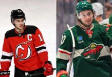 NHL Blockbuster Rumor: Will the New Jersey Devils Trade Nico Hischier for Quinn Hughes? A side-by-side split image featuring New Jersey Devils center Nico Hischier (left) and Minnesota Wild defenseman Quinn Hughes (right), illustrating the rumored blockbuster NHL trade involving both franchise players.