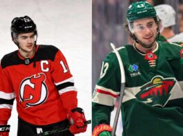 NHL Blockbuster Rumor: Will the New Jersey Devils Trade Nico Hischier for Quinn Hughes? A side-by-side split image featuring New Jersey Devils center Nico Hischier (left) and Minnesota Wild defenseman Quinn Hughes (right), illustrating the rumored blockbuster NHL trade involving both franchise players.