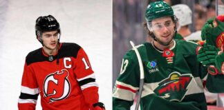 NHL Blockbuster Rumor: Will the New Jersey Devils Trade Nico Hischier for Quinn Hughes? A side-by-side split image featuring New Jersey Devils center Nico Hischier (left) and Minnesota Wild defenseman Quinn Hughes (right), illustrating the rumored blockbuster NHL trade involving both franchise players.