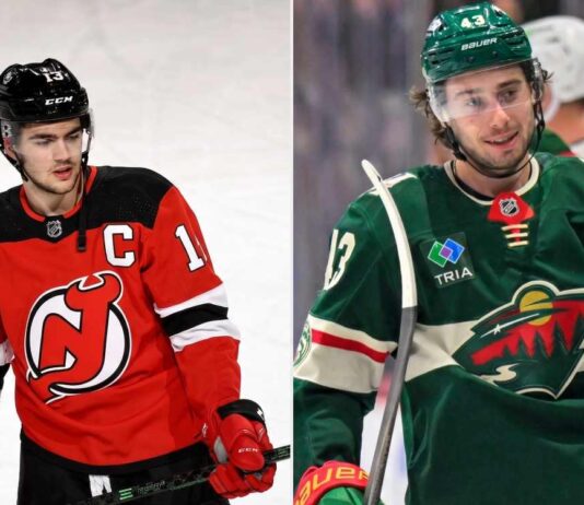 NHL Blockbuster Rumor: Will the New Jersey Devils Trade Nico Hischier for Quinn Hughes? A side-by-side split image featuring New Jersey Devils center Nico Hischier (left) and Minnesota Wild defenseman Quinn Hughes (right), illustrating the rumored blockbuster NHL trade involving both franchise players.