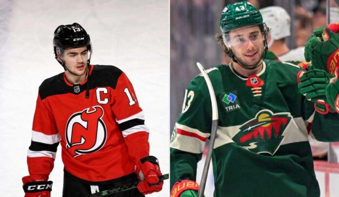 nico-hischier-quinn-hughes-devils-wild-trade A side-by-side split image featuring New Jersey Devils center Nico Hischier (left) and Minnesota Wild defenseman Quinn Hughes (right), illustrating the rumored blockbuster NHL trade involving both franchise players.