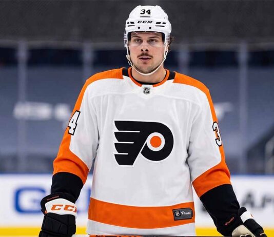 A photograph of Toronto Maple Leafs star center Auston Matthews, the subject of major NHL trade speculation regarding a potential blockbuster move to the Philadelphia Flyers.