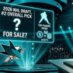 San Jose Sharks 2026 NHL Draft stage graphic illustrating trade rumors for the number 2 overall pick in exchange for a top-pairing defenseman and draft assets.