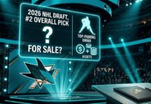 San Jose Sharks 2026 NHL Draft stage graphic illustrating trade rumors for the number 2 overall pick in exchange for a top-pairing defenseman and draft assets.