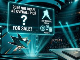 San Jose Sharks 2026 NHL Draft stage graphic illustrating trade rumors for the number 2 overall pick in exchange for a top-pairing defenseman and draft assets.