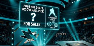 San Jose Sharks 2026 NHL Draft stage graphic illustrating trade rumors for the number 2 overall pick in exchange for a top-pairing defenseman and draft assets.
