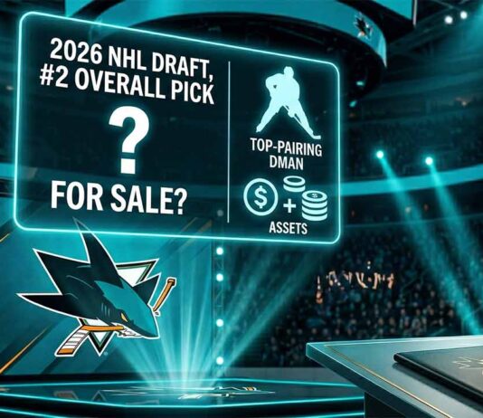 San Jose Sharks 2026 NHL Draft stage graphic illustrating trade rumors for the number 2 overall pick in exchange for a top-pairing defenseman and draft assets.