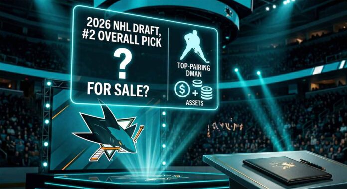 San Jose Sharks 2026 NHL Draft stage graphic illustrating trade rumors for the number 2 overall pick in exchange for a top-pairing defenseman and draft assets.