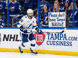 An emotional Tampa Bay Lightning fan holds a hand-made sign that reads 'Please don't leave Tampa Nikita!' during a hockey game, directed at forward Nikita Kucherov.