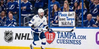 An emotional Tampa Bay Lightning fan holds a hand-made sign that reads 'Please don't leave Tampa Nikita!' during a hockey game, directed at forward Nikita Kucherov.