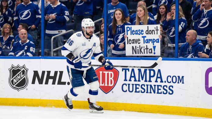An emotional Tampa Bay Lightning fan holds a hand-made sign that reads 'Please don't leave Tampa Nikita!' during a hockey game, directed at forward Nikita Kucherov.