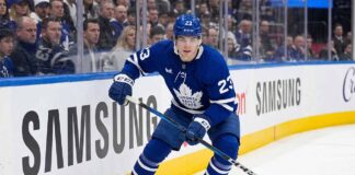 Toronto Maple Leafs forward Matthew Knies, wearing jersey number 23, skating on the ice during an NHL game. This image relates to offseason trade rumors regarding Knies and his perceived high value in the NHL trade market.