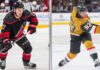 How Trades Built the 2026 Stanley Cup Final: Marner, Stankoven & Cap Space Chess A vertical split image comparing forward Logan Stankoven of the Carolina Hurricanes in a black jersey and forward Mitch Marner of the Vegas Golden Knights in a gold jersey during the 2026 Stanley Cup Final.