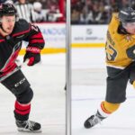 A vertical split image comparing forward Logan Stankoven of the Carolina Hurricanes in a black jersey and forward Mitch Marner of the Vegas Golden Knights in a gold jersey during the 2026 Stanley Cup Final.