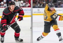 How Trades Built the 2026 Stanley Cup Final: Marner, Stankoven & Cap Space Chess A vertical split image comparing forward Logan Stankoven of the Carolina Hurricanes in a black jersey and forward Mitch Marner of the Vegas Golden Knights in a gold jersey during the 2026 Stanley Cup Final.