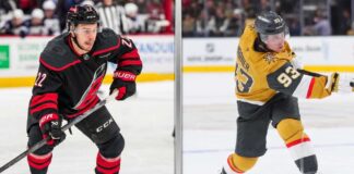 A vertical split image comparing forward Logan Stankoven of the Carolina Hurricanes in a black jersey and forward Mitch Marner of the Vegas Golden Knights in a gold jersey during the 2026 Stanley Cup Final.