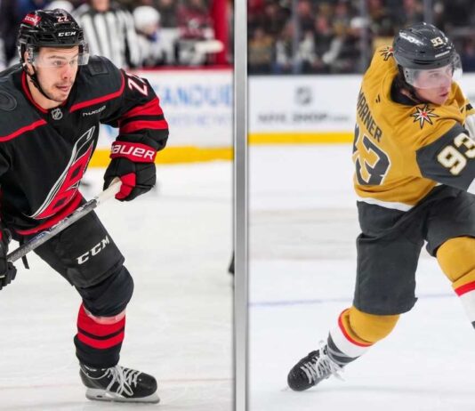 A vertical split image comparing forward Logan Stankoven of the Carolina Hurricanes in a black jersey and forward Mitch Marner of the Vegas Golden Knights in a gold jersey during the 2026 Stanley Cup Final.
