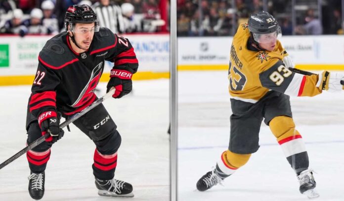 vegas-carolina-stanley-cup-final-2026-trades A vertical split image comparing forward Logan Stankoven of the Carolina Hurricanes in a black jersey and forward Mitch Marner of the Vegas Golden Knights in a gold jersey during the 2026 Stanley Cup Final.