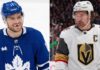 A composite NHL news image featuring Max Domi (left) in his Toronto Maple Leafs jersey, smiling, alongside Vegas Golden Knights captain Mark Stone (right). This visual highlights the major contrasting stories covered in the blog: Domi's reported indefinite absence due to injury complications and Stone's heroic return to the lineup.