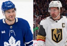 A composite NHL news image featuring Max Domi (left) in his Toronto Maple Leafs jersey, smiling, alongside Vegas Golden Knights captain Mark Stone (right). This visual highlights the major contrasting stories covered in the blog: Domi's reported indefinite absence due to injury complications and Stone's heroic return to the lineup.