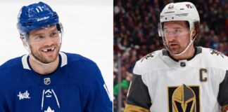 A composite NHL news image featuring Max Domi (left) in his Toronto Maple Leafs jersey, smiling, alongside Vegas Golden Knights captain Mark Stone (right). This visual highlights the major contrasting stories covered in the blog: Domi's reported indefinite absence due to injury complications and Stone's heroic return to the lineup.