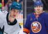 New York Islanders Trade Rumors: William Eklund for Alexander Romanov? A split vertical image comparing San Jose Sharks forward William Eklund (left) and New York Islanders defenseman Alexander Romanov (right) in their respective NHL jerseys, visually representing the latest trade rumors.