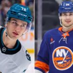 New York Islanders Trade Rumors: William Eklund for Alexander Romanov? A split vertical image comparing San Jose Sharks forward William Eklund (left) and New York Islanders defenseman Alexander Romanov (right) in their respective NHL jerseys, visually representing the latest trade rumors.
