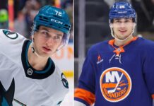 New York Islanders Trade Rumors: William Eklund for Alexander Romanov? A split vertical image comparing San Jose Sharks forward William Eklund (left) and New York Islanders defenseman Alexander Romanov (right) in their respective NHL jerseys, visually representing the latest trade rumors.