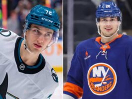 New York Islanders Trade Rumors: William Eklund for Alexander Romanov? A split vertical image comparing San Jose Sharks forward William Eklund (left) and New York Islanders defenseman Alexander Romanov (right) in their respective NHL jerseys, visually representing the latest trade rumors.