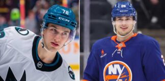 New York Islanders Trade Rumors: William Eklund for Alexander Romanov? A split vertical image comparing San Jose Sharks forward William Eklund (left) and New York Islanders defenseman Alexander Romanov (right) in their respective NHL jerseys, visually representing the latest trade rumors.