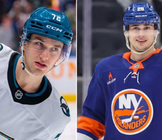 New York Islanders Trade Rumors: William Eklund for Alexander Romanov? A split vertical image comparing San Jose Sharks forward William Eklund (left) and New York Islanders defenseman Alexander Romanov (right) in their respective NHL jerseys, visually representing the latest trade rumors.