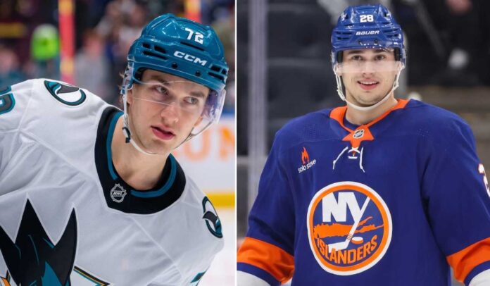 william-eklund-alexander-romanov-trade-rumor-islanders-sharks A split vertical image comparing San Jose Sharks forward William Eklund (left) and New York Islanders defenseman Alexander Romanov (right) in their respective NHL jerseys, visually representing the latest trade rumors.